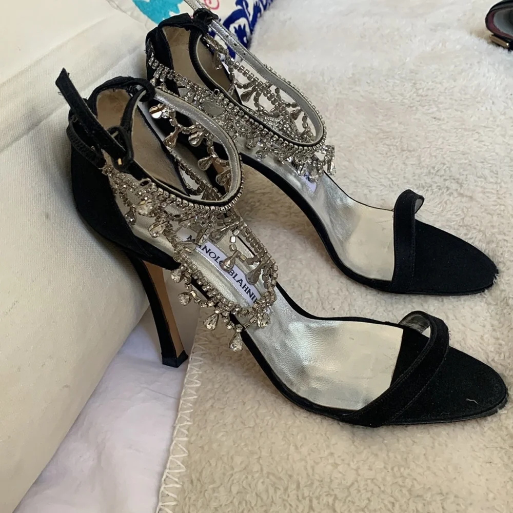 Black Satin Luxurious 4 inch Sandals with Crystal ankle bracelets. - Picture 2 of 6